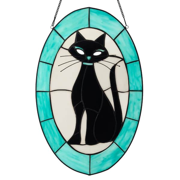Halloween Cat Teal and Black Stained Glass Window Panel