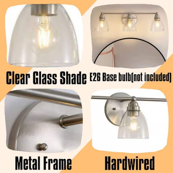26.20 in. Modern 3-Light Brushed Nickel Vanity Light with Clear Glass Shade, E26 Wall Sconces for Living Room