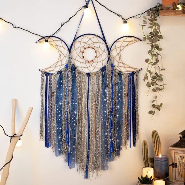 Blue 21.3 in x 35.4 in Cotton Moon Goddess Macrame Dreamcatcher