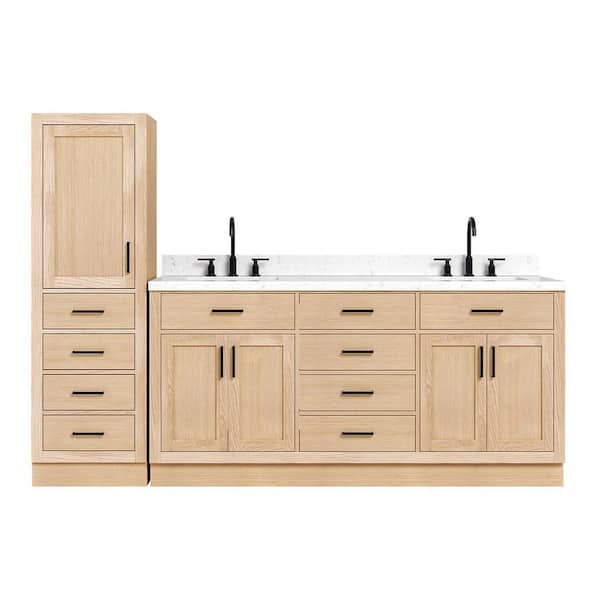 Hepburn 2-Piece Set 72 in. Double Sink Bathroom Vanity and Linen Cabinet with Carrara White Quartz Top in Oak