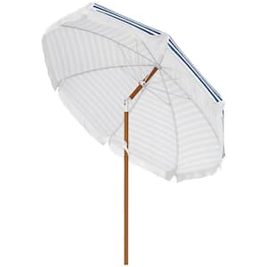 7 ft. x 7 ft. Steel Push-Up Patio Market Umbrella with Fringed Ruffles and Flounce in Blue Strip