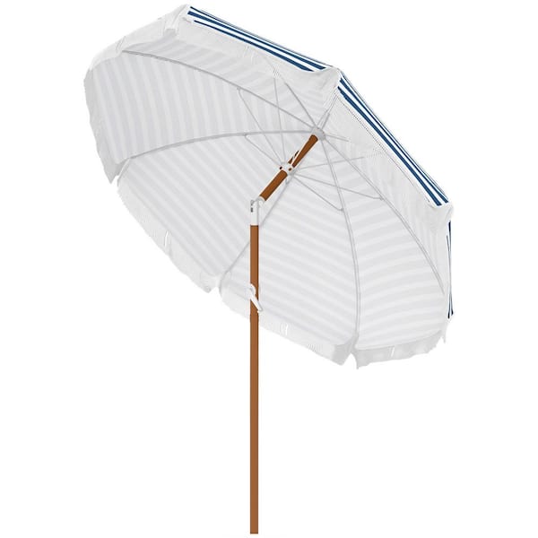 Zeus & Ruta 7 ft. x 7 ft. Steel Push-Up Patio Market Umbrella with Fringed Ruffles and Flounce in Blue Strip