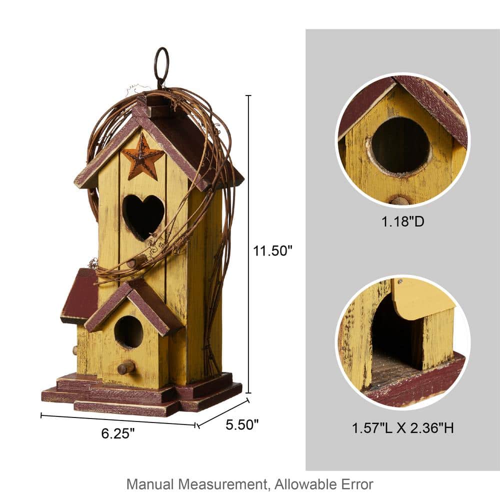 11.5 in Washed Yellow Distressed Solid Wood Cottage Birdhouse with Rattan