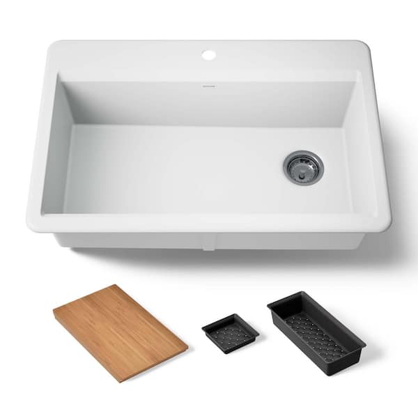 Lassen 33 in. Drop-in Single Bowl Granite Composite Kitchen Workstation Sink in Matte White with Accessories