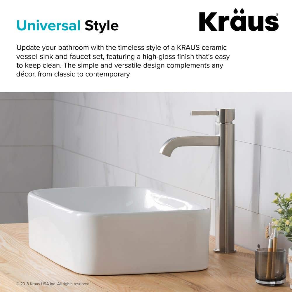 White Ceramic Rectangular Vessel Sink with Satin Nickel Faucet