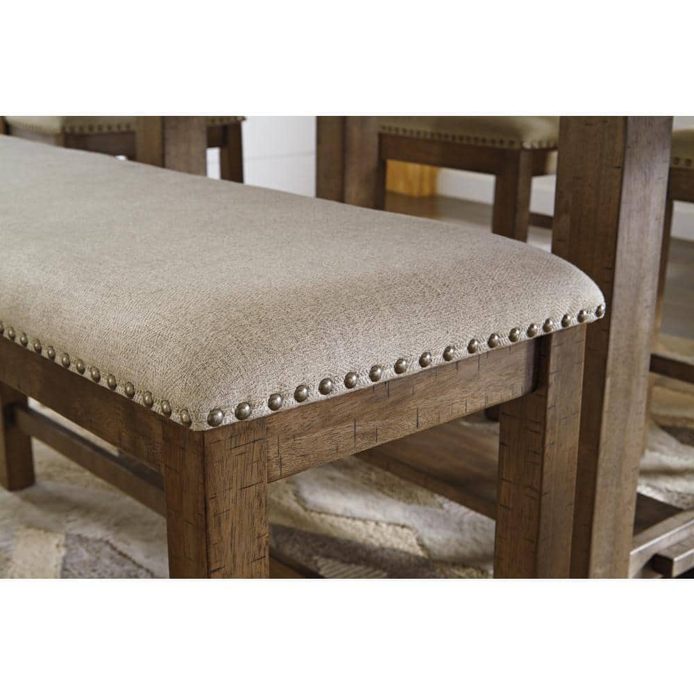 Distressed Nutmeg 48.5" Transitional Dining Bench with Beige Upholstery