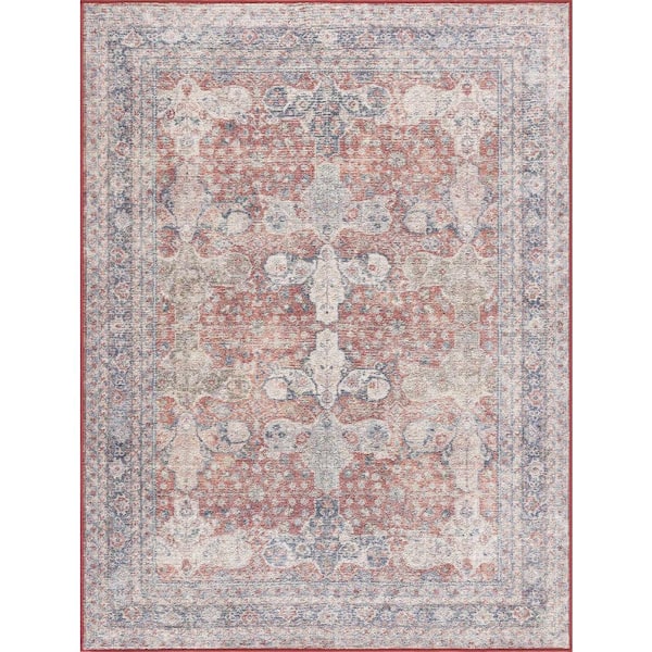 HAUTELOOM Ambre 9 ft. X 12 ft. Red, Burgundy, Beige, Gray, Blue Traditional Distressed Persian Style Machine Washable Area Rug