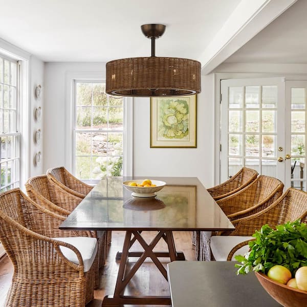 24.2 in Indoor Bronze Gold Farmhouse Rattan Chandelier Ceiling Fan with Light Kit and Remote Control
