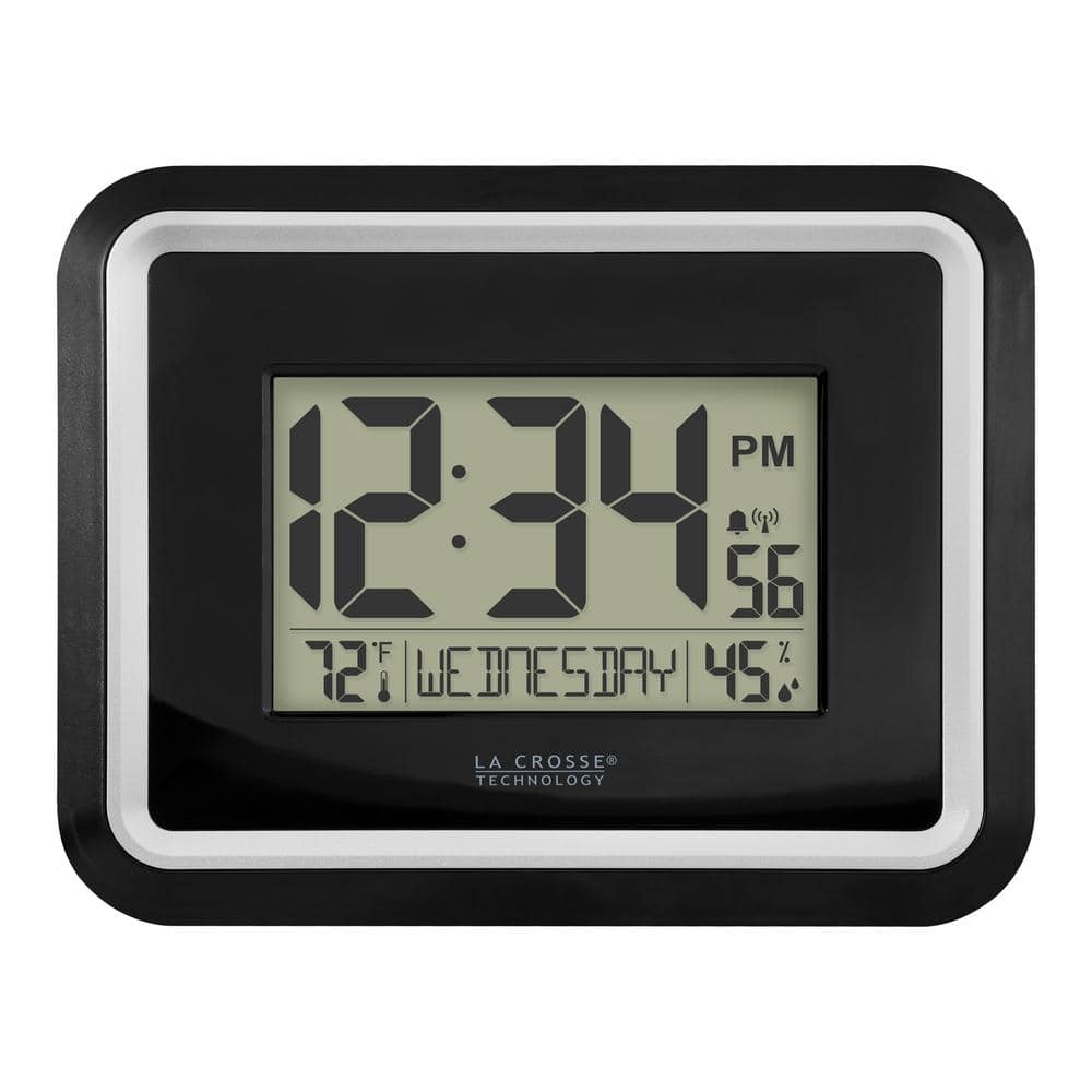 La Crosse Technology Black Modern Atomic Digital Clock with Temp and Calendar  BBB84022