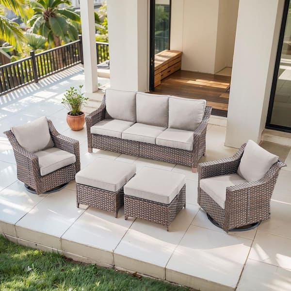 SlideArm Brown 5-Piece Wicker Swivel Glider Patio Conversation Set, Sofa Seating Set with Olefin Beige Cushions