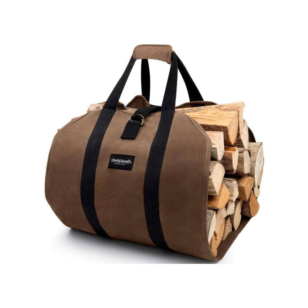 Large Brown Waxed Canvas Firewood Carrier Bag