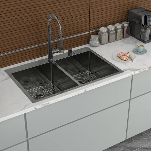 33 in Drop in Double Bowl 16 Gauge Gunmetal Black Stainless Steel Kitchen Sink with Two 10 in Deep Basin
