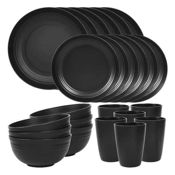 24-Piece Unbreakable Dinnerware Set, Outdoor Kitchen, Apartment Dinning and RV Essentials, Black (Service for 6)