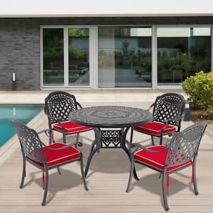 Isabella Black 5-Piece Cast Aluminum Outdoor Dining Set with Round Table and Dining Chairs and Random Color Seat Cushion