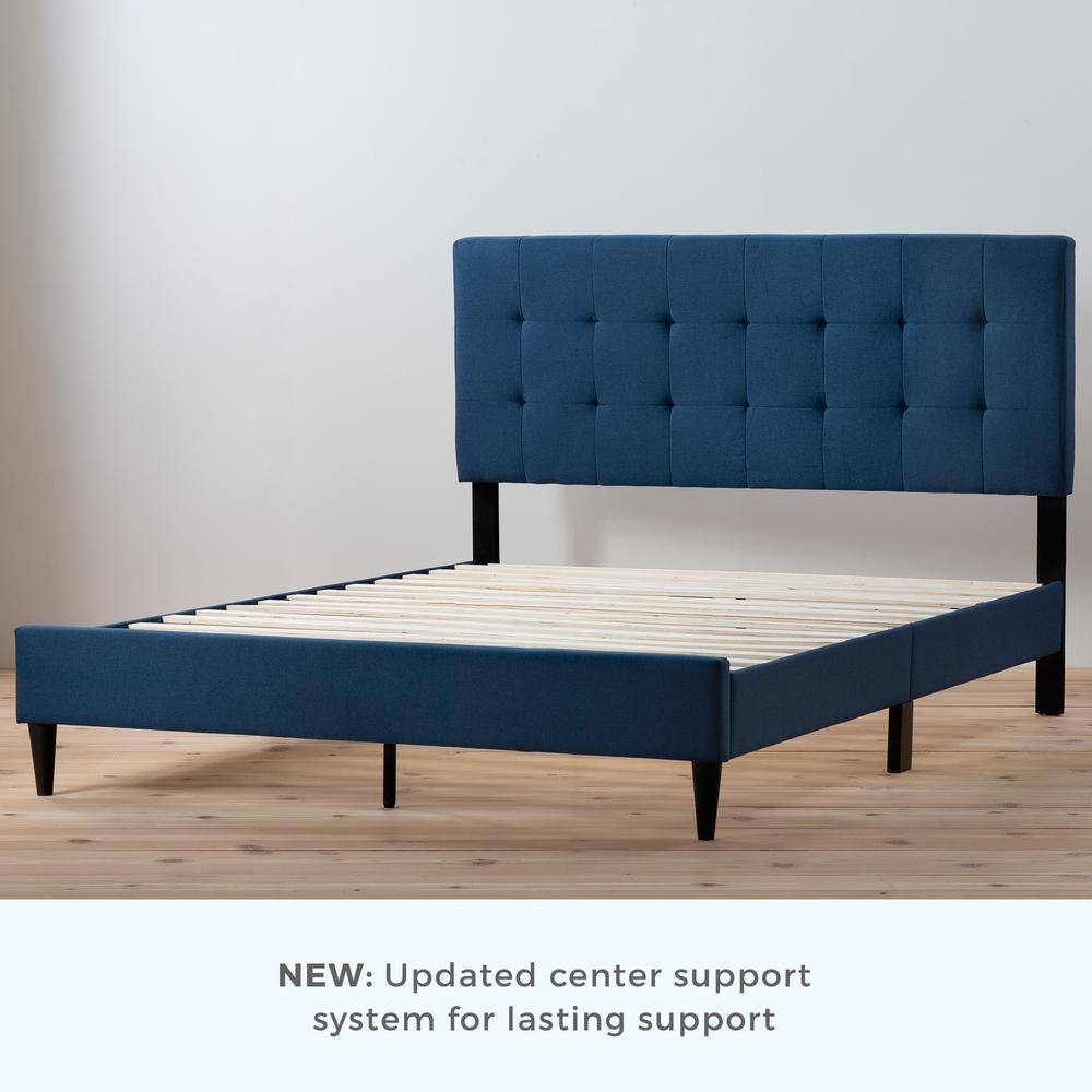 King-Sized Navy Linen-Tufted Upholstered Platform Bed with Wooden Slats