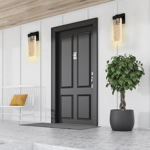 2-Pack Outdoor Black Wall Light Fixture, Weatherproof LED Wall Sconce with Bubble Crystal