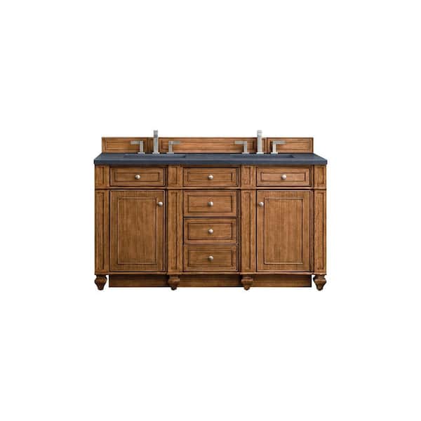 James Martin Vanities Bristol 60 in. W x 23.5 in. D x 34 in. H Double Bathroom Vanity in Saddle Brown with Charcoal Soapstone Quartz Top