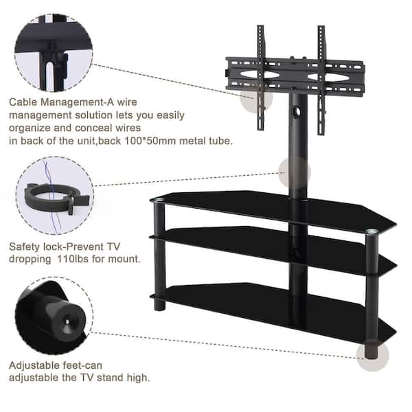 GHOUSE SSuper 43.30 in. Black Glass TV Stand Fits TV's up to 65 in. with  3-Tier Shelves HFW24105047 - The Home Depot