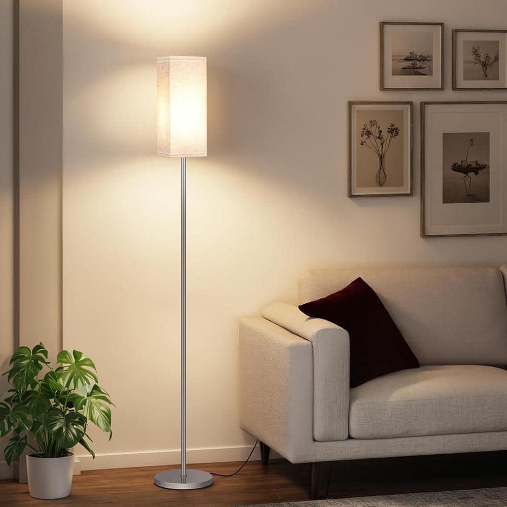65 in. Silver 1-Light Lantern Floor Lamp with Linen Shade and No