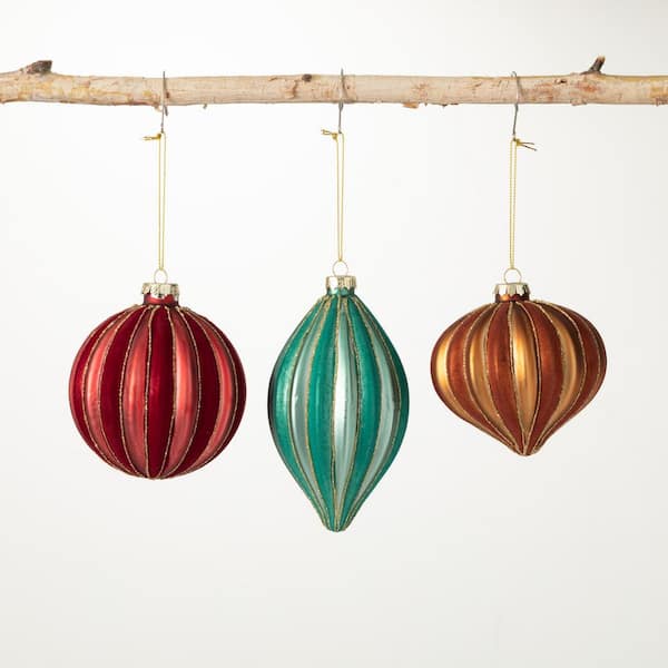 SULLIVANS 3.5", 4" and 5.5"Multicolor Ribbed Glass Ornament (Set of 3)