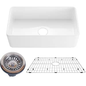White Fireclay 33 in. Single Bowl Farmhouse Apron Kitchen Sink with Sink Grid
