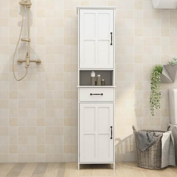 16 in. W x 12 in. D x 65 in. H White Bathroom Linen Cabinet with Drawer and Adjustable Shelves