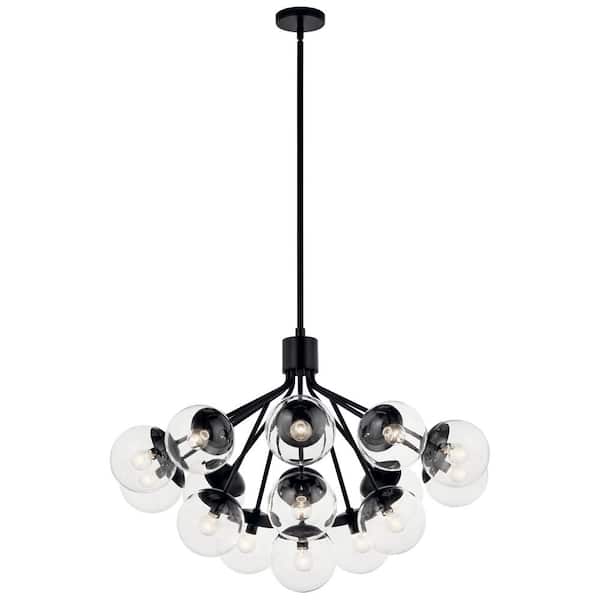 KICHLER Silvarious 38 in. 16-Light Black Modern Clear Glass Shaded Convertible Chandelier for Dining Room