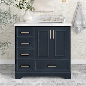 Stafford 37 in. W x 22 in. D x 36 in. H Right Single Sink Bath Vanity in Midnight Blue with Pure White Quartz Top