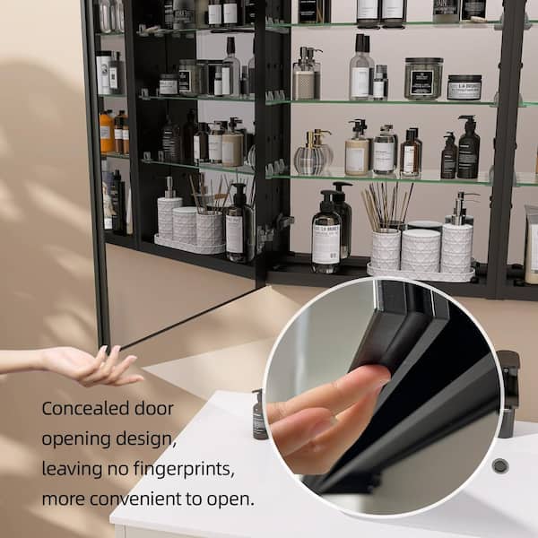 Getpro 60 in. W x 30 in. H Rectangular Frameless Black Aluminum Tri-view Recessed or Surface Mount Medicine Cabinet with Mirror