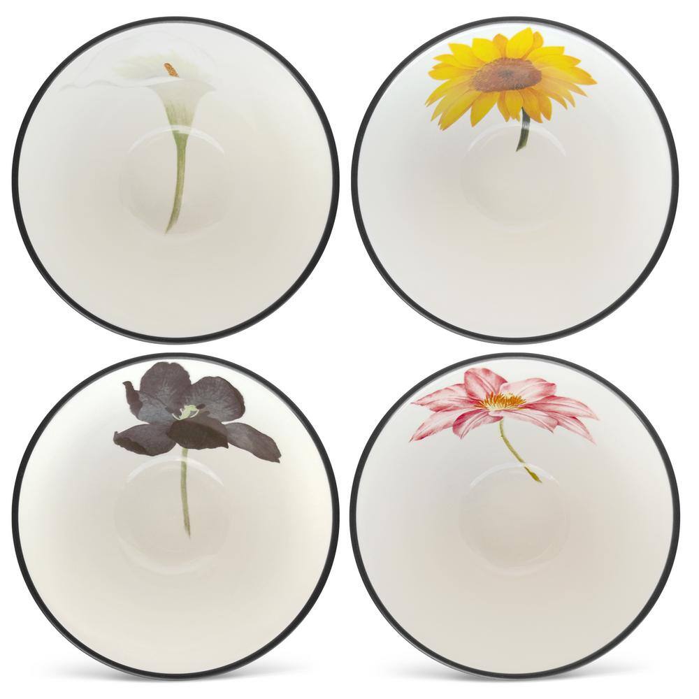 Graphite and Cream Floral Matte Stoneware Mini Bowls Set of Four