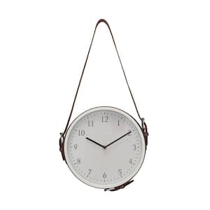 White and Brown Analog Plastic Hanging Wall Clock with Adjustable Leather Strap