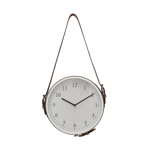 Storied Home White and Brown Analog Plastic Hanging Wall Clock with Adjustable Leather Strap