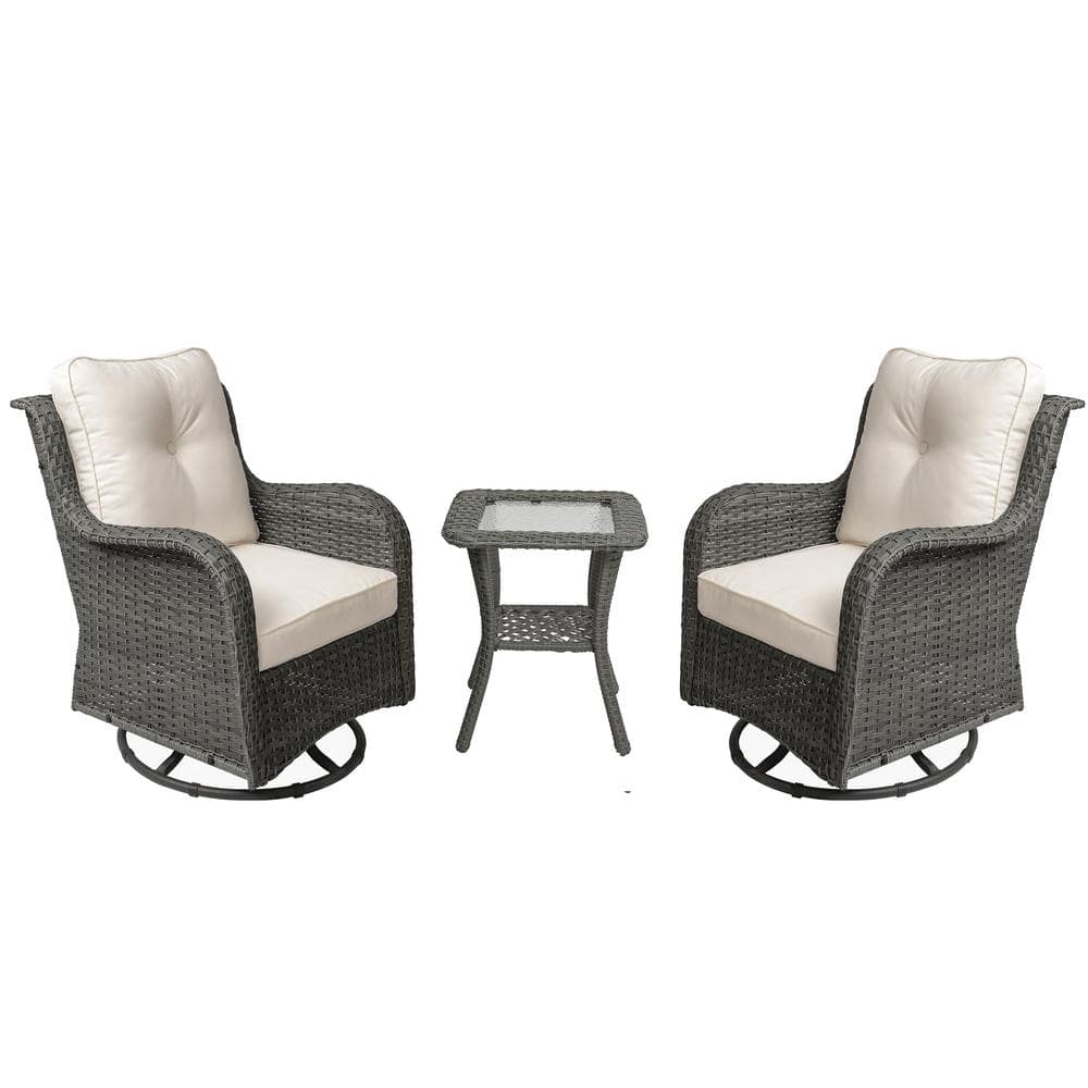 Uixe Wicker Gray Patio Swivel Outdoor Rocking Chair Set with