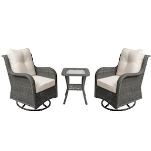 Wicker Gray Patio Swivel Outdoor Rocking Chair Set with Beige Cushions and Table (Set of 2)