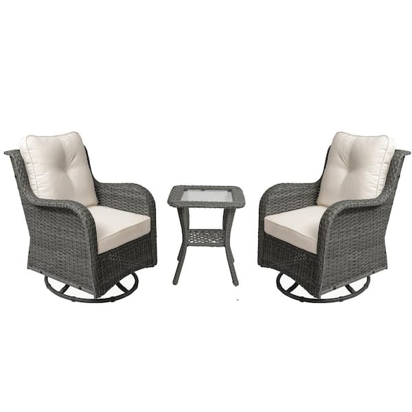 Uixe Wicker Gray Patio Swivel Outdoor Rocking Chair Set with Beige Cushions and Table (Set of 2)
