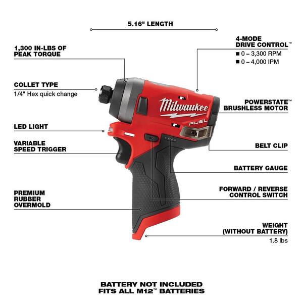 Bare MILWAUKEE'S Electric Tools MLW2553-20 M12 Fuel 1/4 Hex Impact Driver 