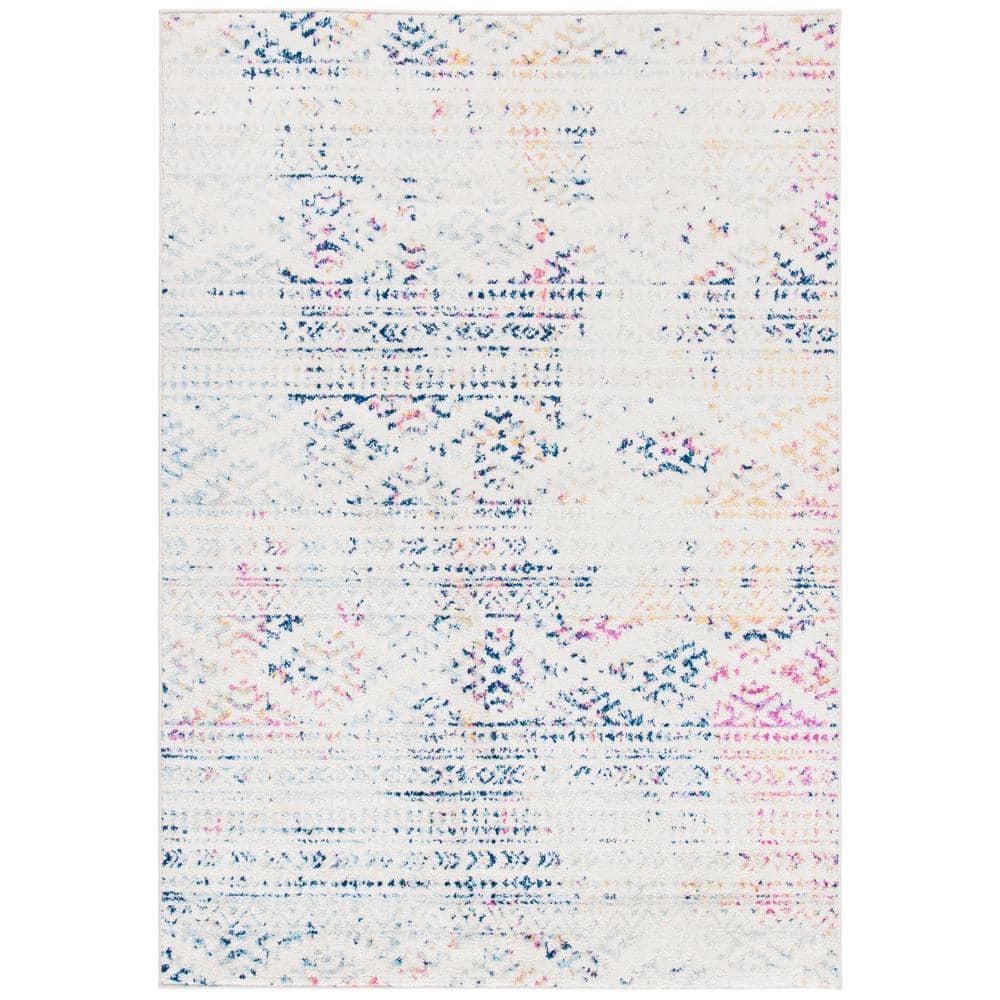 Ivory and Blue Geometric Round Synthetic Area Rug, 6' x 9'