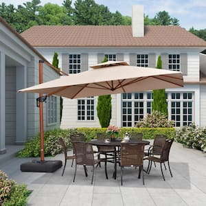11 ft. Square High-Quality Wood Pattern Aluminum Cantilever Polyester Patio Umbrella with Base, Beige