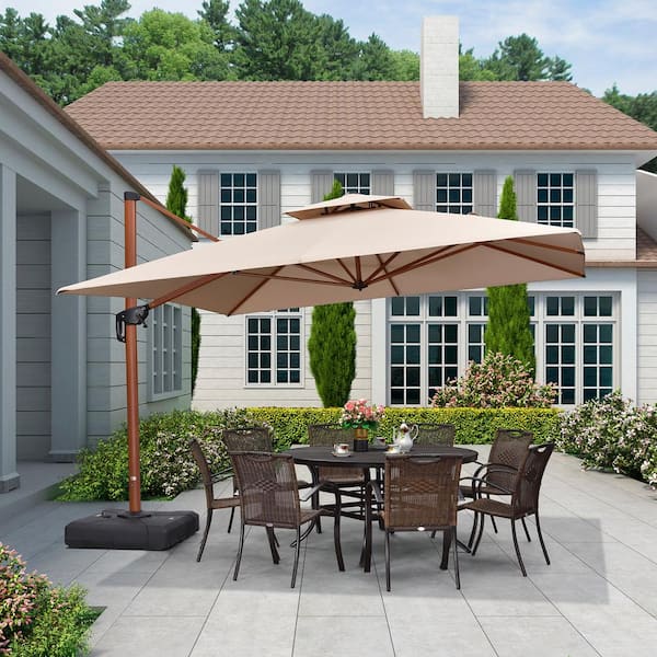 PURPLE LEAF 11 ft. Square High-Quality Wood Pattern Aluminum Cantilever Polyester Patio Umbrella with Base, Beige