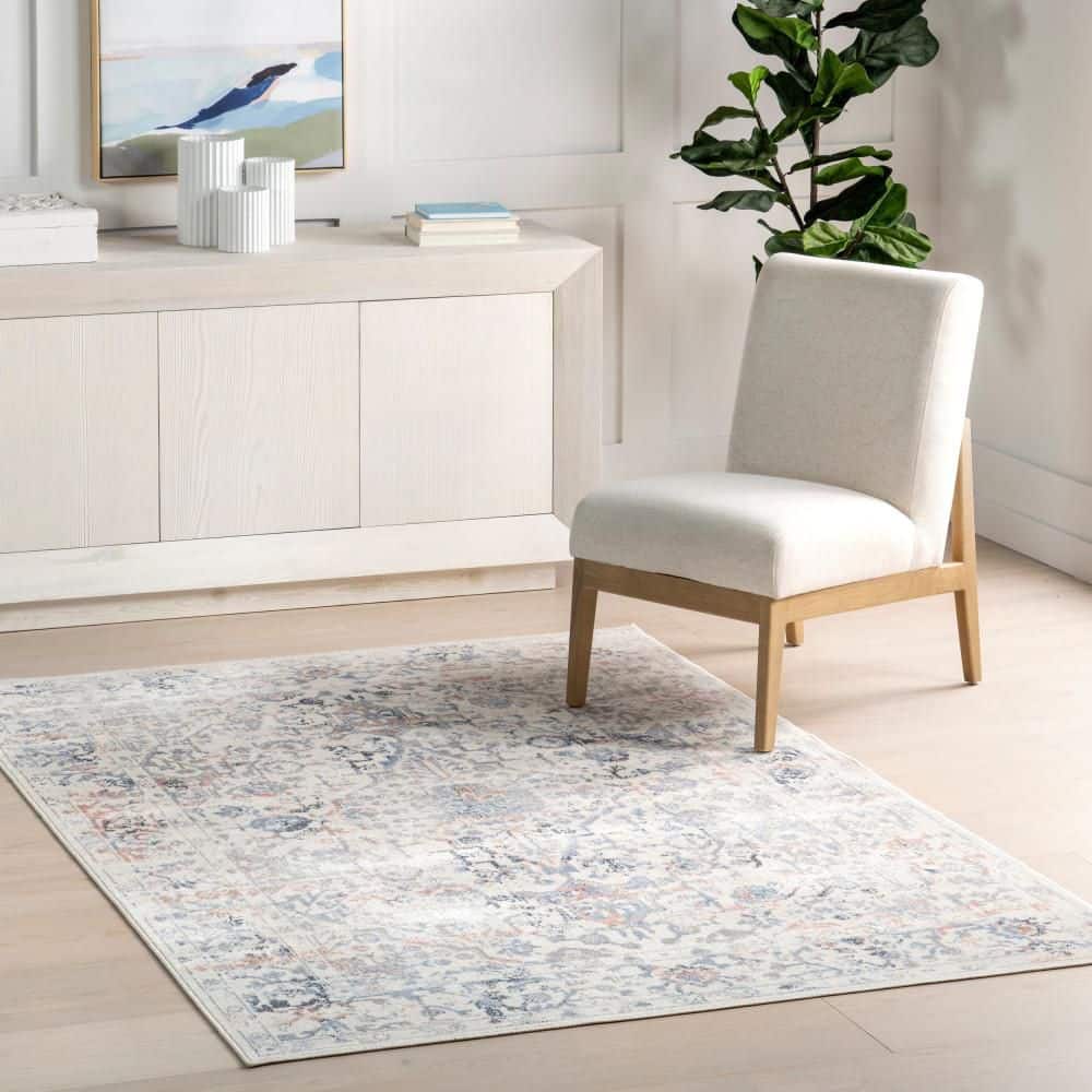 Everlee Faded Persian Blue and Beige Washable Area Rug