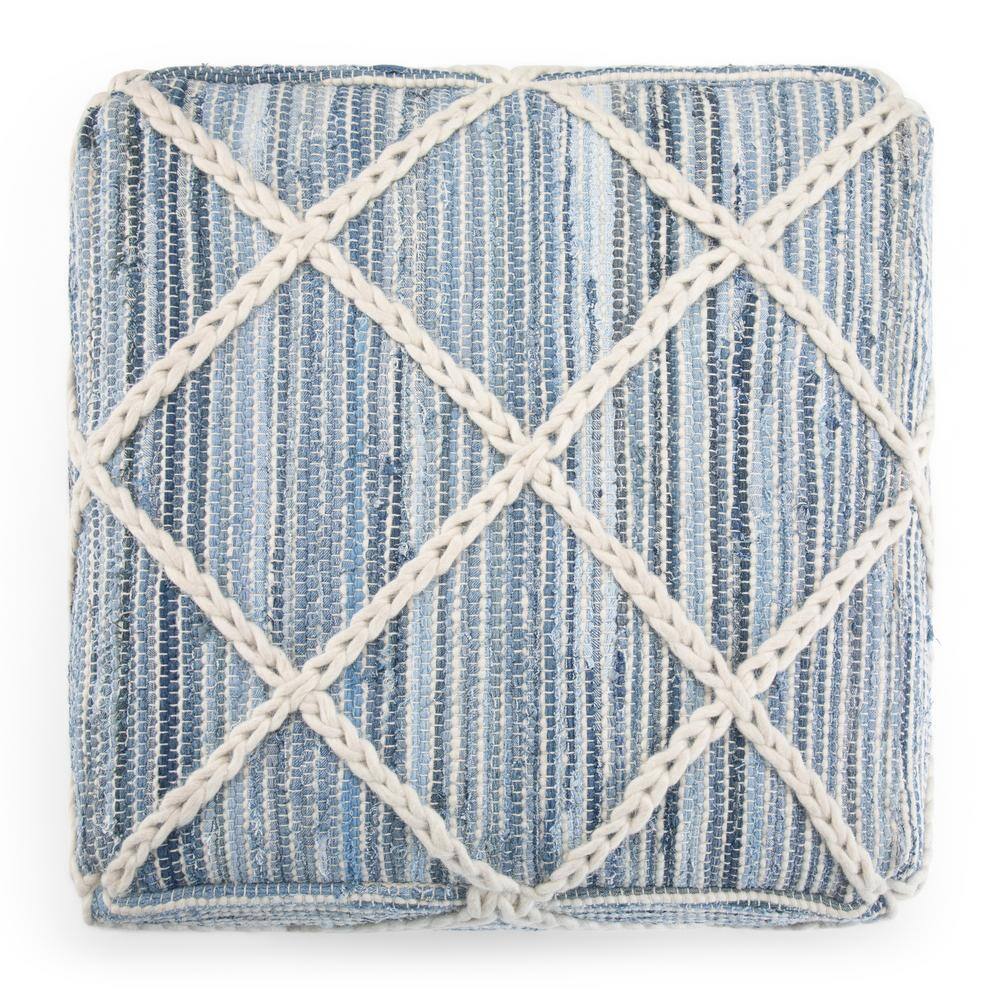 Cowan Boho Handwoven Square Pouf in Blue and Natural