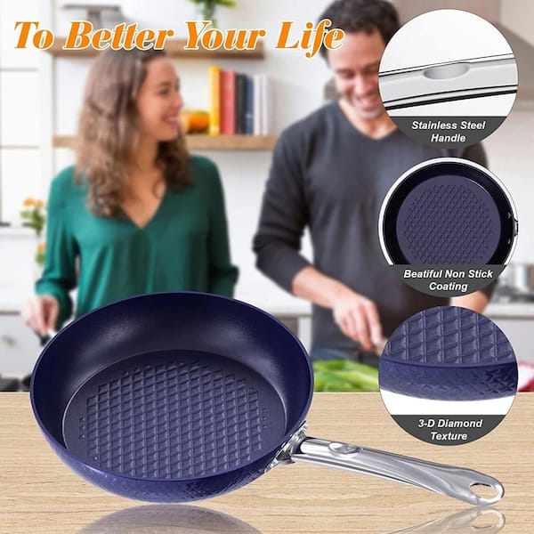 FAMYYT 3-Piece Blue Stainless Steel Cookware Sets Frying Pan Set