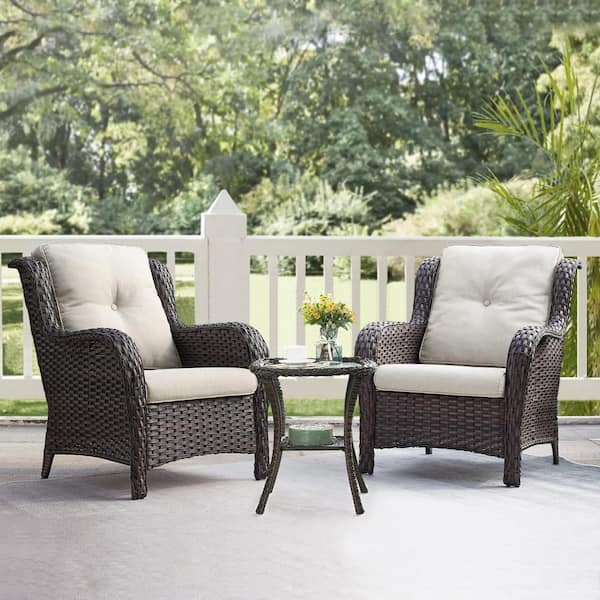 Gymojoy 3-Pcs Wicker Patio Conversation Set with Beige Cushion