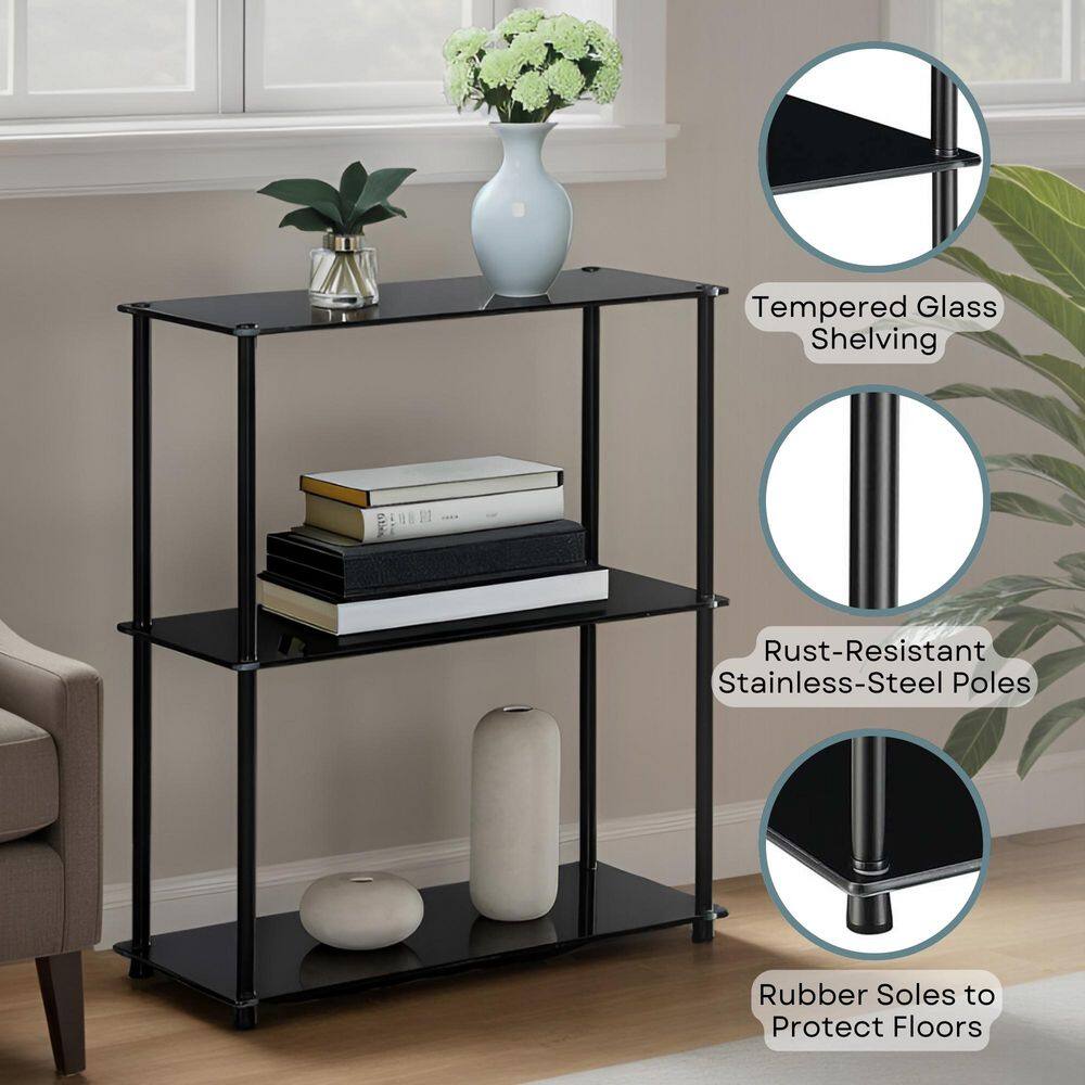 Black Glass 3-Shelf Bookcase with Stainless Steel Legs