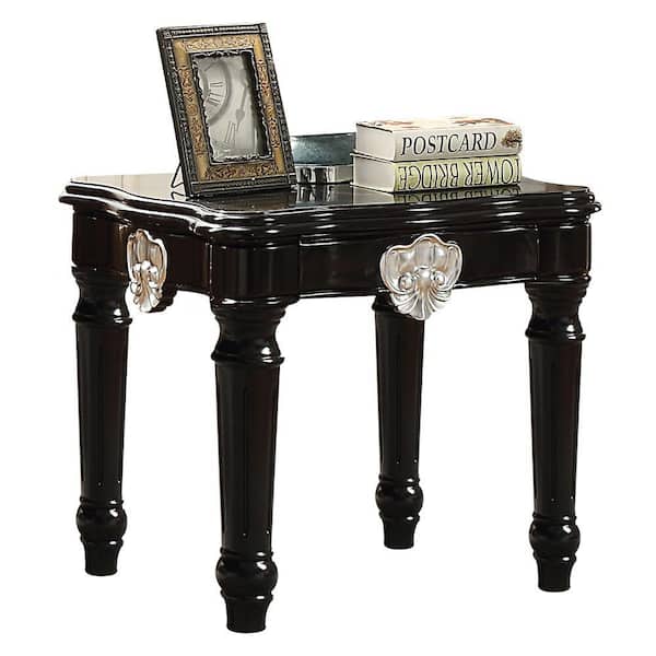 Benjara 25.59 in. Black Square Wood End Table with Motif turned legs