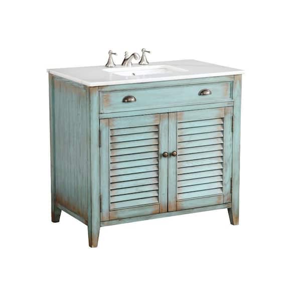 Abbeville 36 in. W x 21.5 in. D x 34 in. H Bathroom Vanity in Distressed Blue with White Marble Top and Mirror