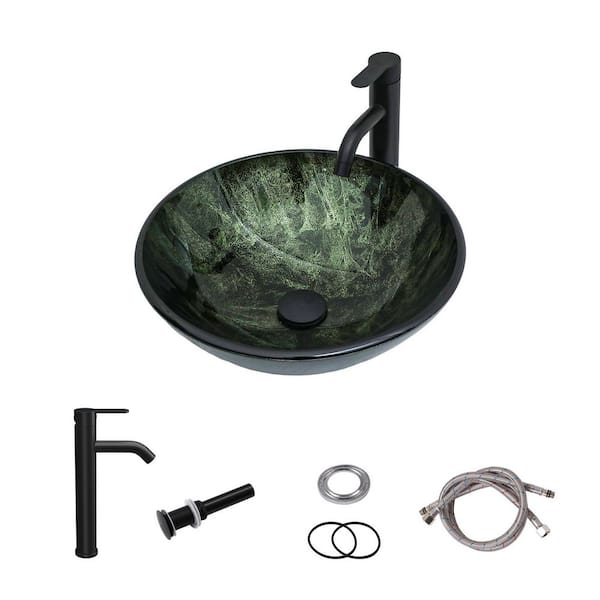 16.54 in. W x 16.54 in. D Above Countertop Dark Green Bathroom Glass Vessel Sink Art Basin with Black Faucet and Drainer