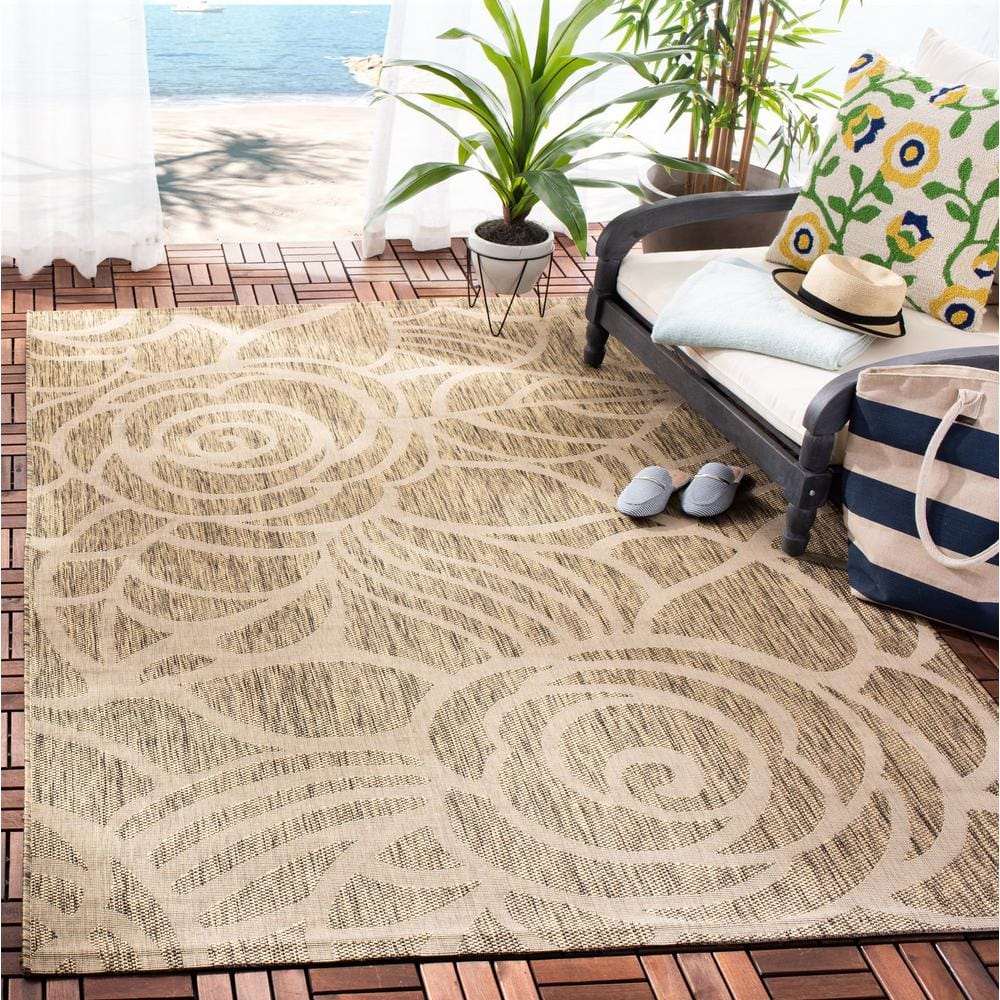 Coffee and Sand Floral Low Pile Indoor/Outdoor Area Rug