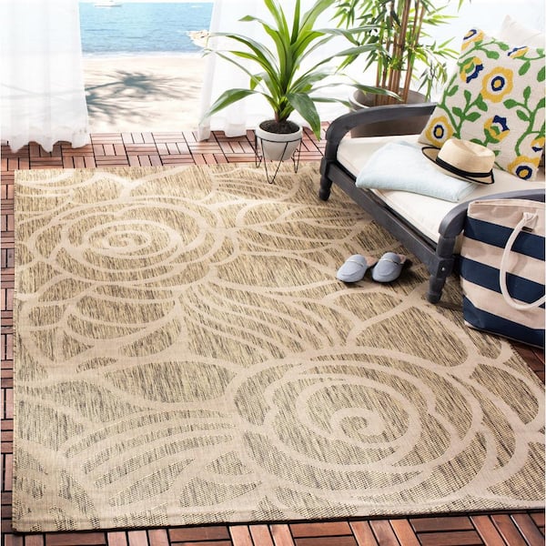 Courtyard Coffee/Sand 7 ft. x 10 ft. Floral Indoor/Outdoor Patio  Area Rug