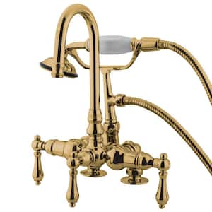 Vintage 3-Handle Deck-Mount Clawfoot Tub Faucets with Hand Shower in Polished Brass